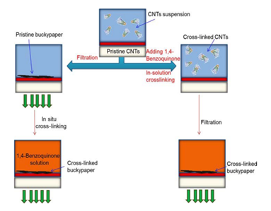 In situ and in-solution techniques for CNTs cross-linked buckypaper formation