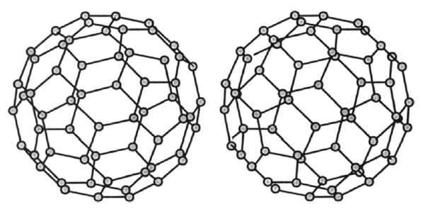 Stereographic projection of C60 fullerene[1]. (Note: To visualize the 3D image, the picture must be held about 15 cm from the eyes and the eyes must focus at infinity).