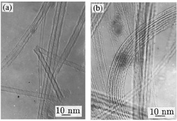 Tem images a, showing a 5 nm projected diameter carbon nanotube that is bent like letter “z” but still not broken; b, showing SWNT bundles with some wavy parts.